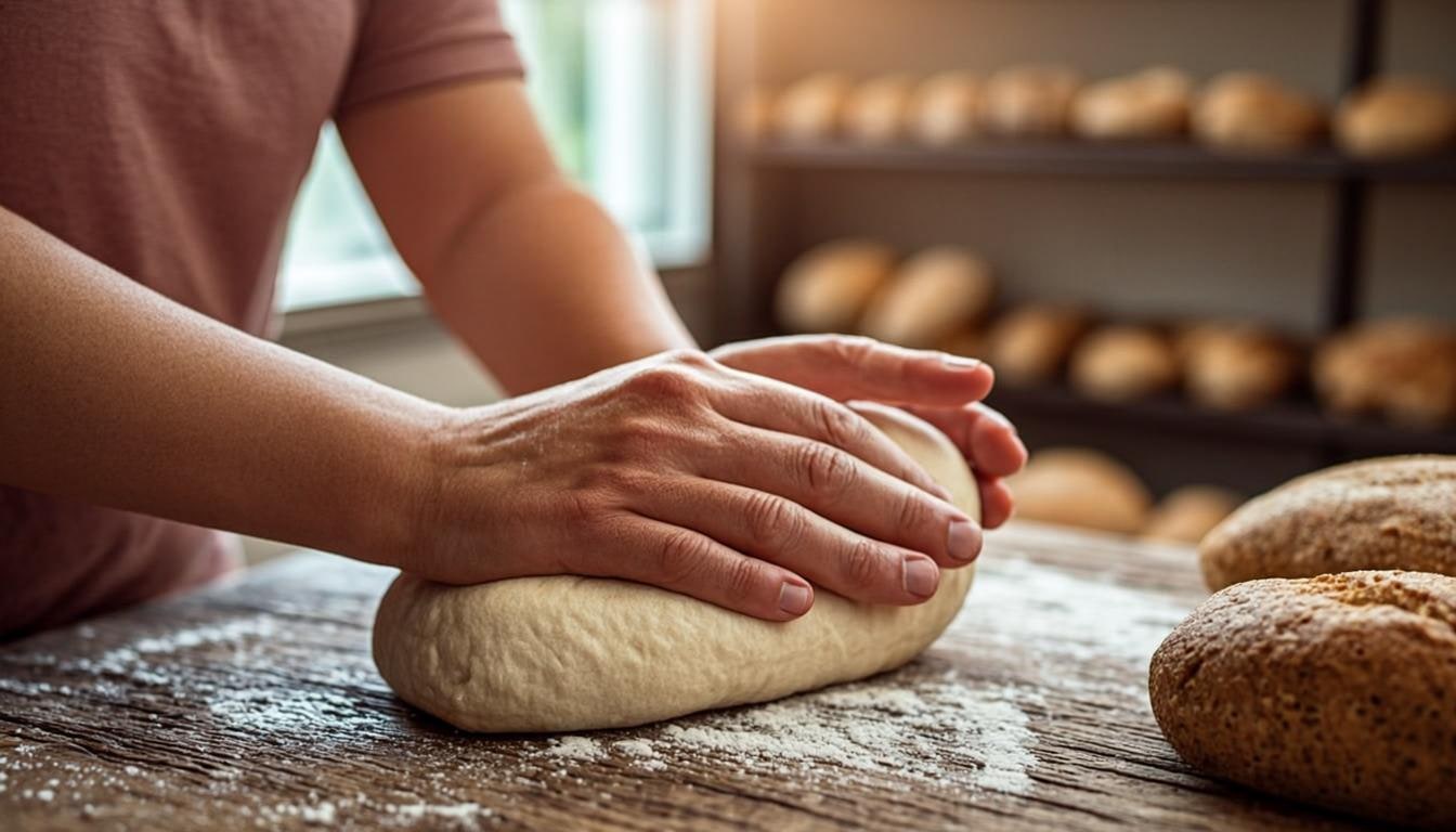 A baker's hands kneading dough on a flour-dusted wooden table