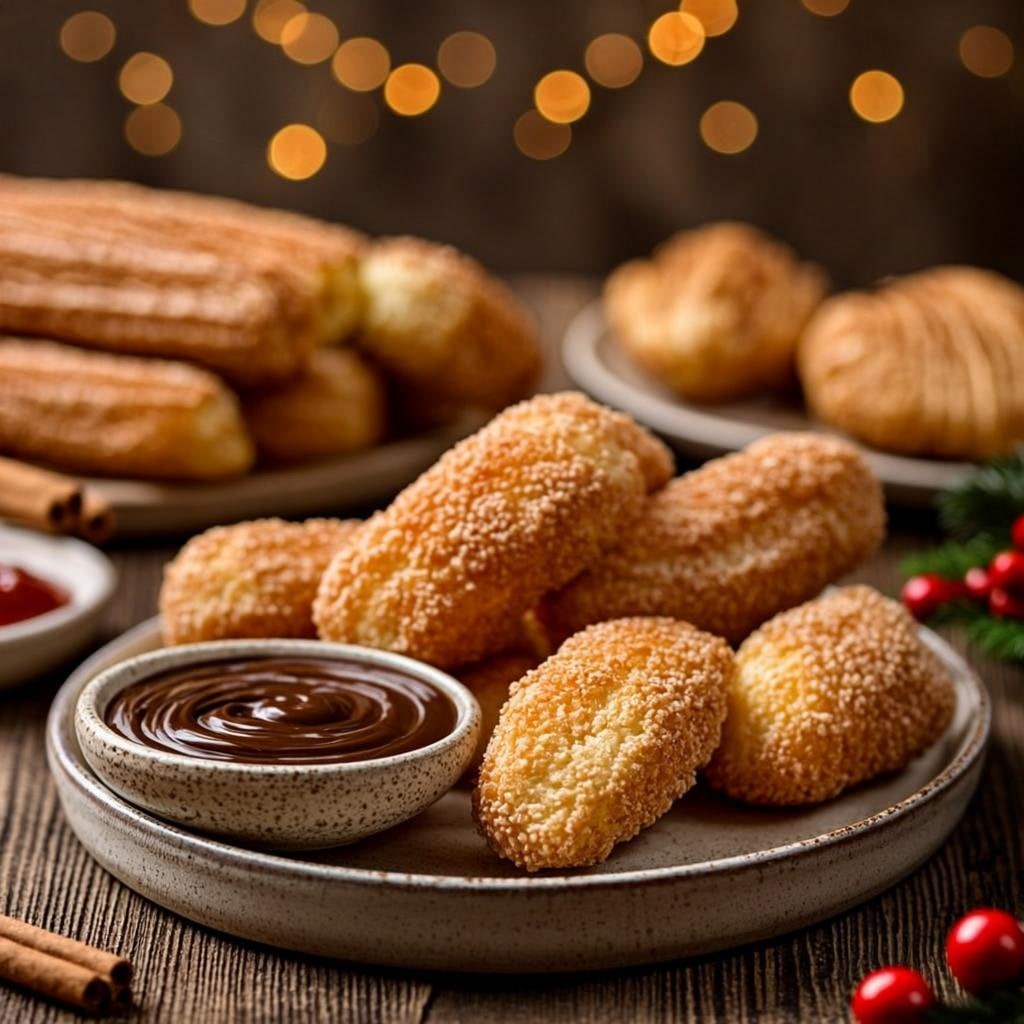 Churros dusted with cinnamon sugar with chocolate dipping sauce