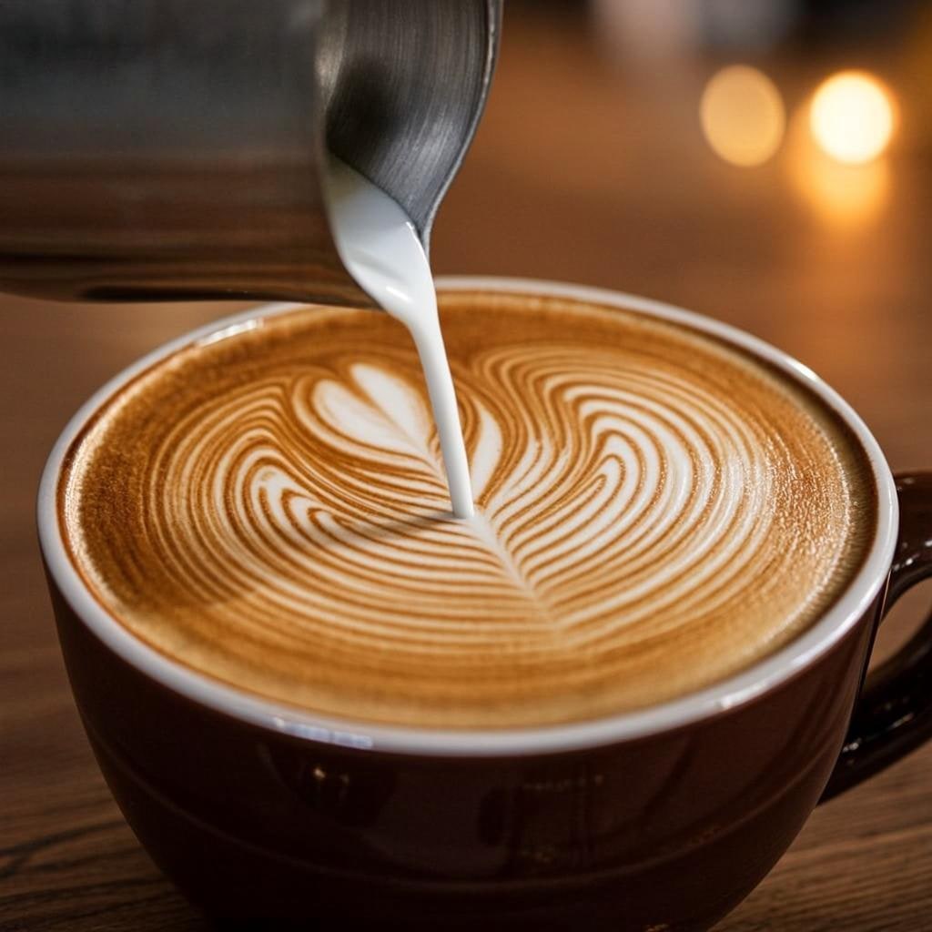 A cortadito being poured, milk folding into espresso