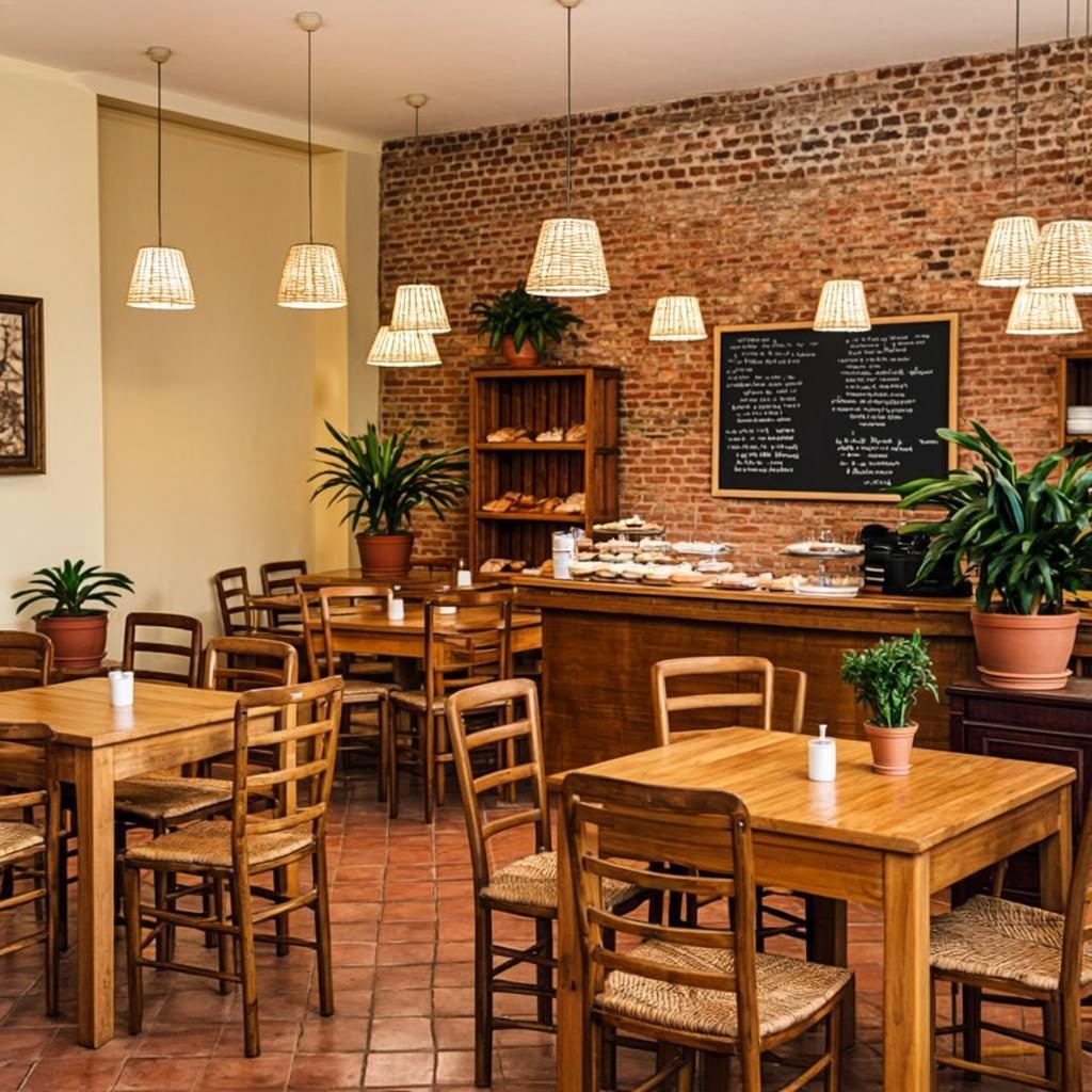Cozy interior of the bakery with wooden tables and warm light