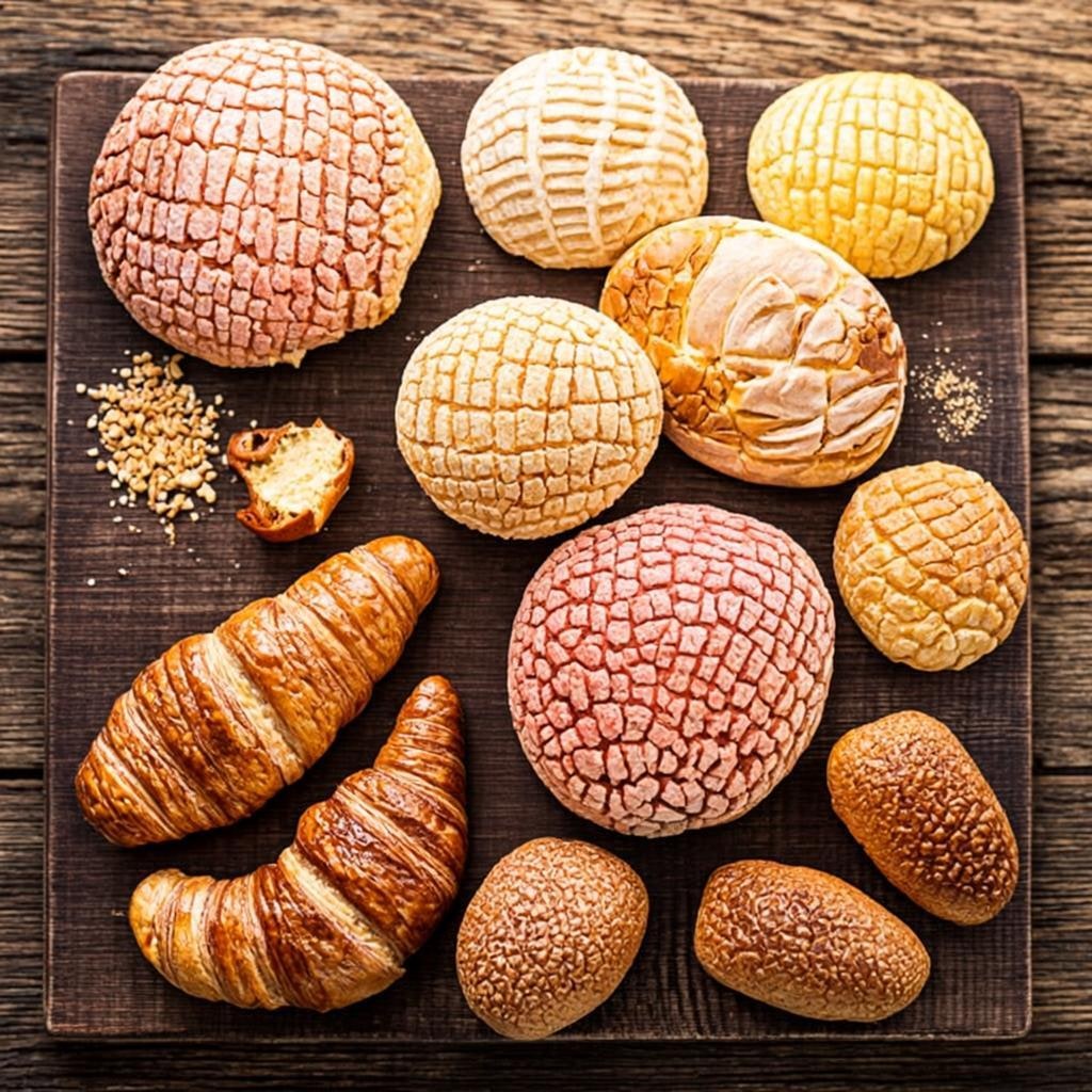 Overhead flat lay of assorted pan dulce on a wooden board