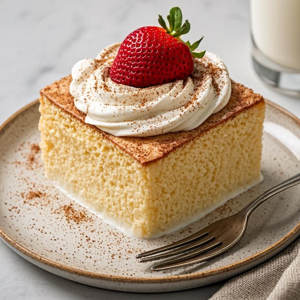 A slice of tres leches cake with whipped cream and strawberry